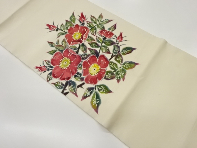 作家物　塩瀬手描き花葉模様開き名古屋帯（額縁仕立て）